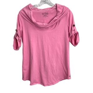 Neon Buddha Womens Small Pink Off Shoulder 3/4 Roll Up Sleeve Tee TShirt Yoga